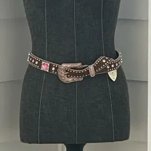 Jeweled Brown Leather Pink Bedazzled Rhinestone Belt - New Vintage BB Simon Pink Leather Belt: Swarovski Crystal Accent  main image 4